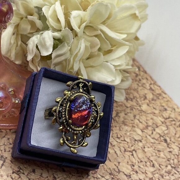 Valentine’s Day Renaissance Medieval gold Ring Mexican Fire Opal Dragons breath - Picture 5 of 16
